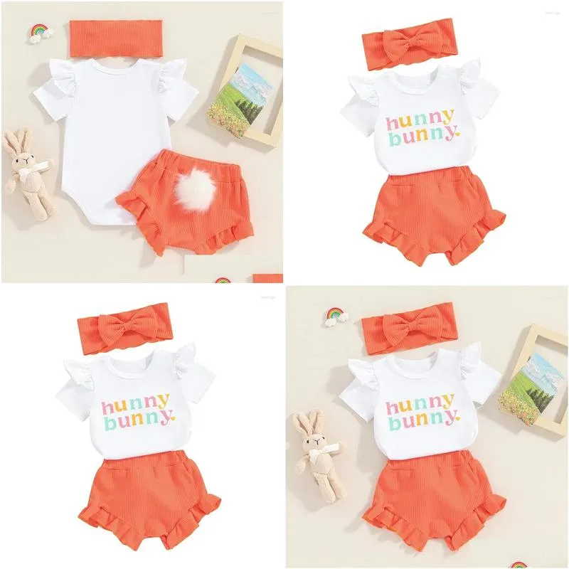 Clothing Sets My 1st Easter Baby Girl Outfit 3Pcs Round Neck Short Sleeve Romper 3D Tail Headband Clothes Set