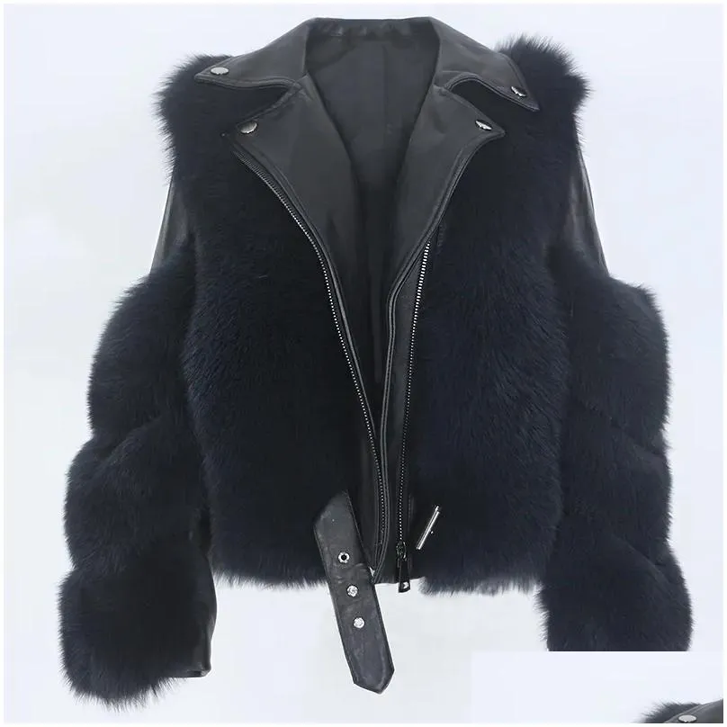OFTBUY Real Fur Coat Vest Winter Jacket Women Natural Fox Fur Genuine Leather Outerwear Detachable Streetwear Locomotive 201103