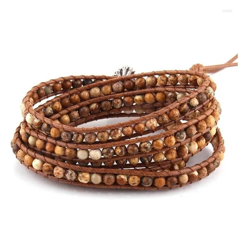 Charm Bracelets Fashion Women Jewelry Brown Leather Bracelet Handmade 5 Strands 4mm Natural Stones Wrap DropShippers