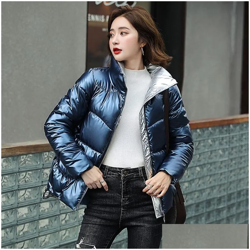 Women Parkas Short Glossy Down Cotton Jacket Coats Zipper Padded Waterproof parka Pocket Stand collar Shiny coat 201027