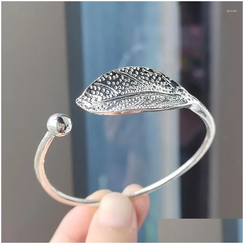 Bangle Silver Color Leaf For Men Women Vintage Personality Adjustable Open Fashion Jewelry
