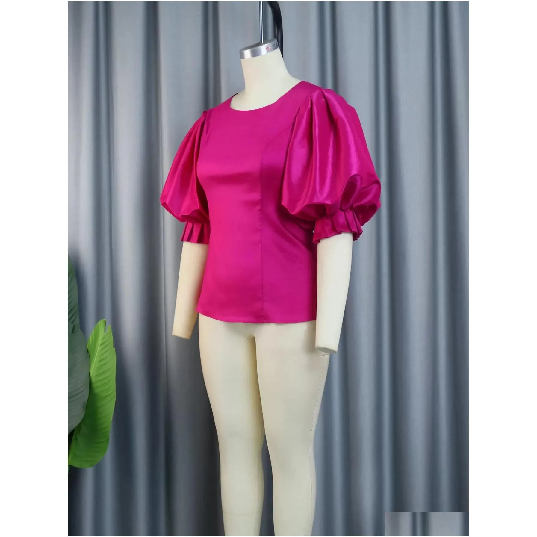 plus Size Cute Pink Blouse Tops for Women Summer Shiny Ruffles Lantern Sleeve Sweet Shirt Elegant Office Wear Trendy Clothes Y7HE#