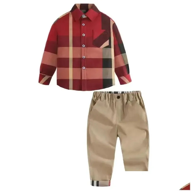 boy clothe set brown shirt and trousers desigenr fashion child clothes cotton material infant boys clothes plaid design 2023