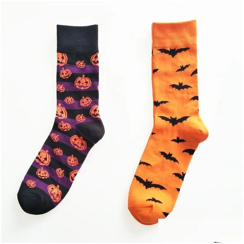 Men`S Socks Mens Peonfly Halloween Bat Ventilation Sweat Pattern Cartoon Fl Personality Man Pure Cotton Funny Happy 2Pairs/Lot Drop D Dh3Is