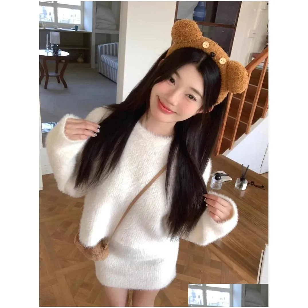 Work Dresses Sweet Girl Suit Women`s Winter Long-sleeved O-neck Short Furry Sweater Hip Wrap Skirt Two-piece Set Female Clothes