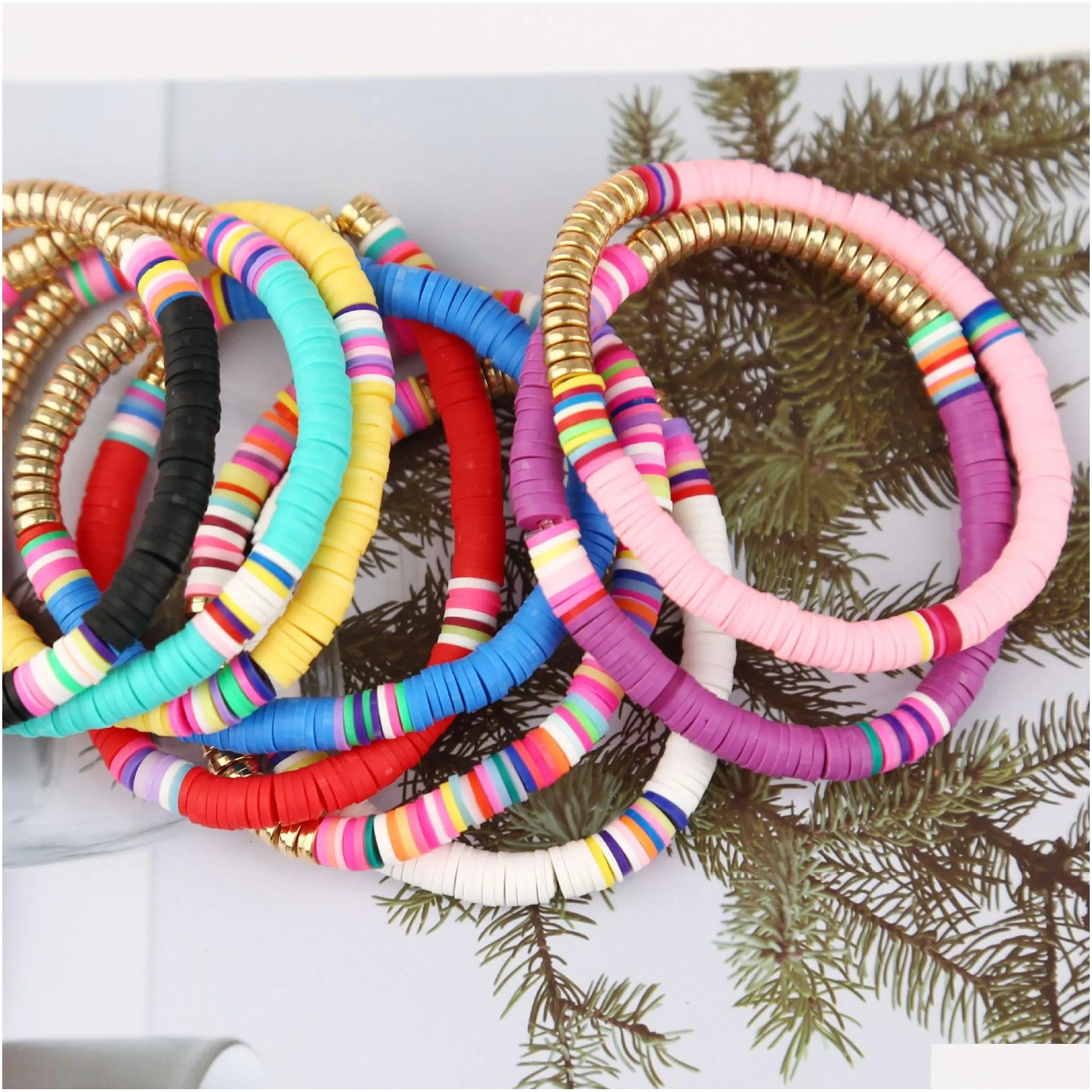 6mm beaded strands surfer heishi bracelets stackable colorful stretch gold bangle elastic bohemia summer beach jewelry gifts for women friends family lover