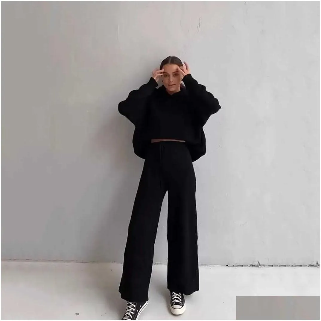 Women`S Tracksuits Autumn Knitted Sweat Suits Women Matching Sets Long Sleeve Hoodieaddwide-Legged Pants Loungewear Sweater Set Two P Dhs8U