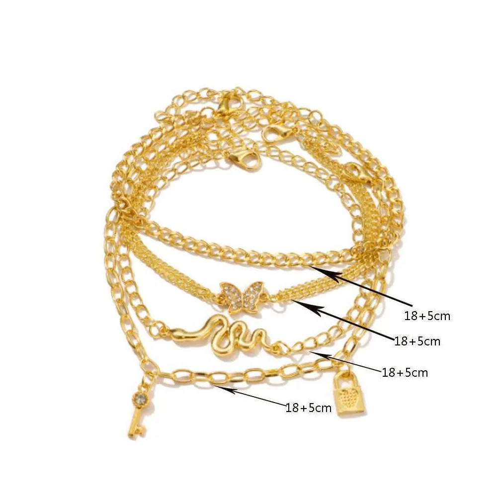 Anklets Bohemia Gold Color Snake Ankle Bracelet Set For Women Butterfly Key Lock Charm Anklet Chain On Leg Boho Jewelry Gift Drop Del Dh2Z6