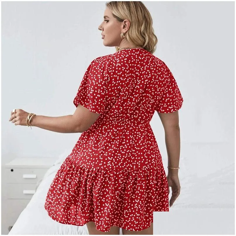 plus Size Floral Print Summer Casual Tiered Dr Women Short Sleeve Heart Pattern Boho Dr Large Size Fit Flare A-line Dr H85x#