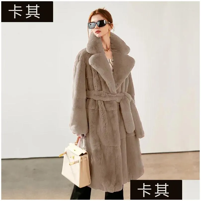 Women`s Fur Winter Faux Coat Women Warm Long Coats Fluffy Suit Collar Lace-up Chic Robe Solid Cardigan Jackets Sleeve