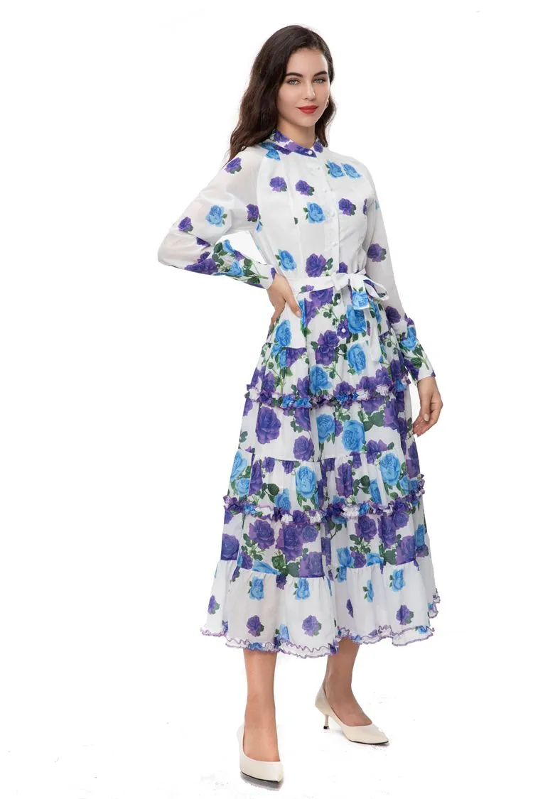 Women`s Runway Dresses O Neck Long Sleeves Floral Printed Sash Belt Fashion Designer Vestidos
