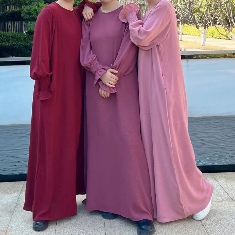 Ethnic Clothing Under Abaya Inner Long Slip Dress Solid Color Smocked Cuffs Islamic Muslim Woman Casual Dubai Turk Modest Hijabi Robe