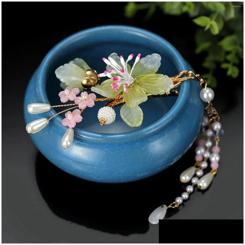 Hair Accessories Girl`s Hanfu Side Clips 2 Pieces Glaze Flower Weaving Jewelry With Tassel For Gown Dress Hairstyle Making Tools