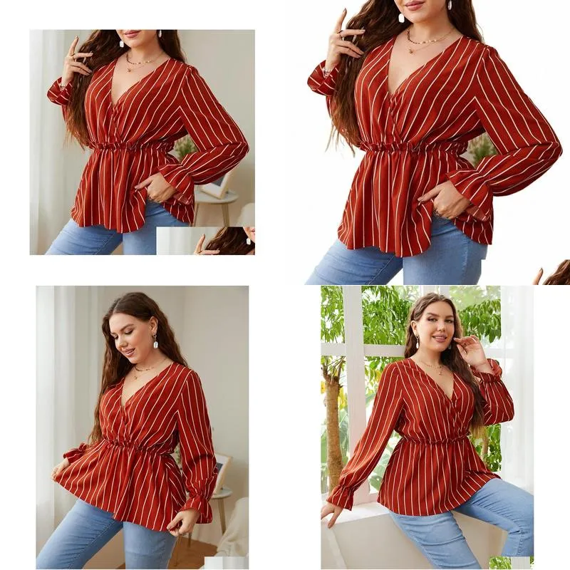 women`s Elegant Blouses Cott Loose Stripe Korean Collar Foreigned Style Commuter Shirt Lg Sleeve Plus Size Female Clothing c78x#