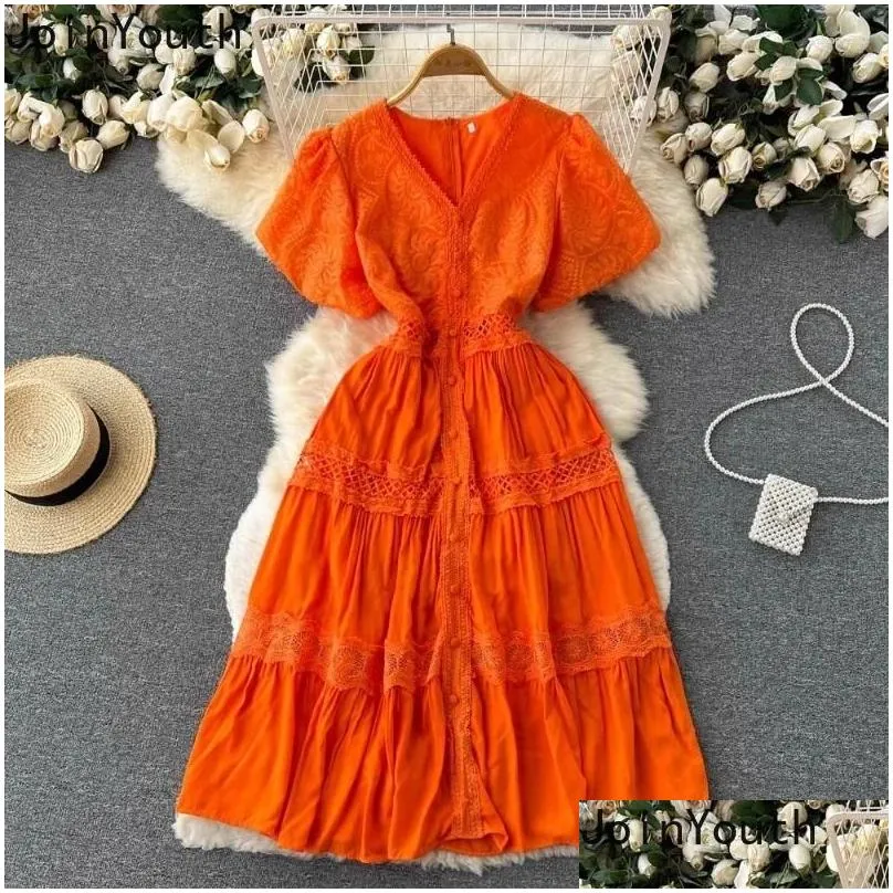 Casual Dresses Summer Dress For Women Sleeve V-neck Tunic Roe Femme Vintage Hollow Out A-line White 2024 Vestidos De Mujer