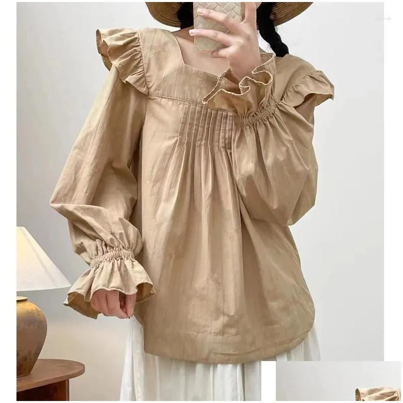 Women`s Blouses Spring Cotton Linen Shirt Women Square Collar Top Girl Lantern Sleeve Ruffled Edge Sweet Loose 2024 Autumn T432106QC