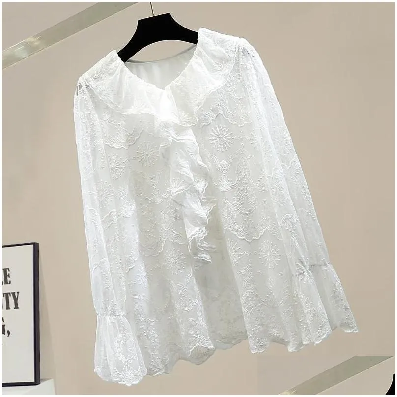 Women`s Blouses & Shirts Plus Size Lace Blouse For Women Vintage Ruffled Panel Bell Sleeve Mid-Length Shirt Elegant Lady All-match Top