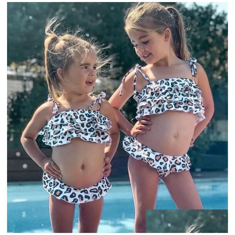 2024 children one pieces swimwear summer fashion girls white leopard print swimsuit + headscarf two-piece children`s wear