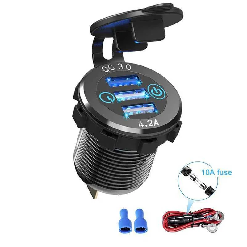 2024 2024 Qc3.0 Triple Ports USB Car  Socket Power Outlet With Touch Switch For Marine Boat Car Truck RV