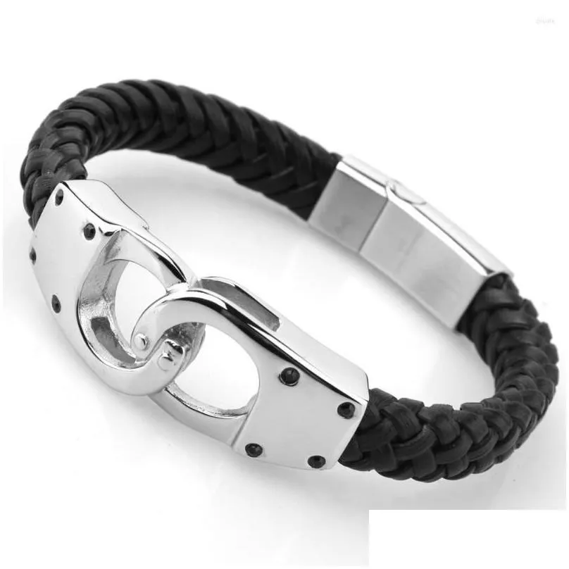 Charm Bracelets Top Quality Stainless Steel Handcuffs Bracelet Pulsera Hombre Handmade Braided Black Genuine Leather Jewellery