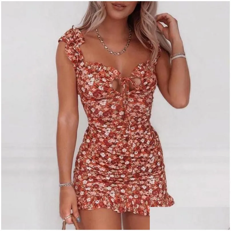 Printed Dress Women Sexy Ruffled Straps Floral Print Chest String Bodycon Party Mini Luxury Designer Vestidos