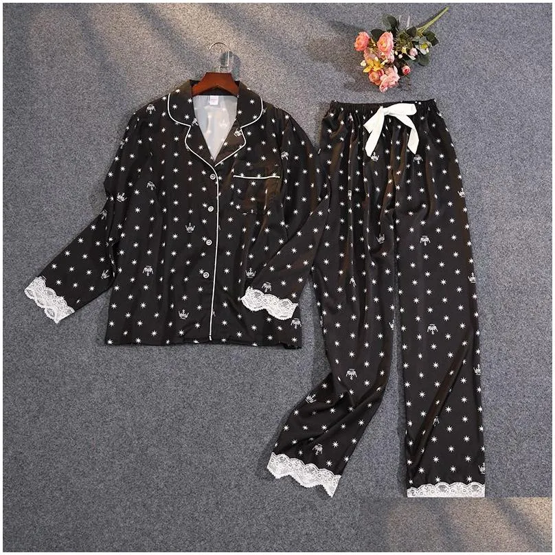 Women`s Sleepwear Lisacmvpnel Women`s Summer Two Piece Pajamas Ice Silk Satin Thin Coat Print Lace Pajamas 230329