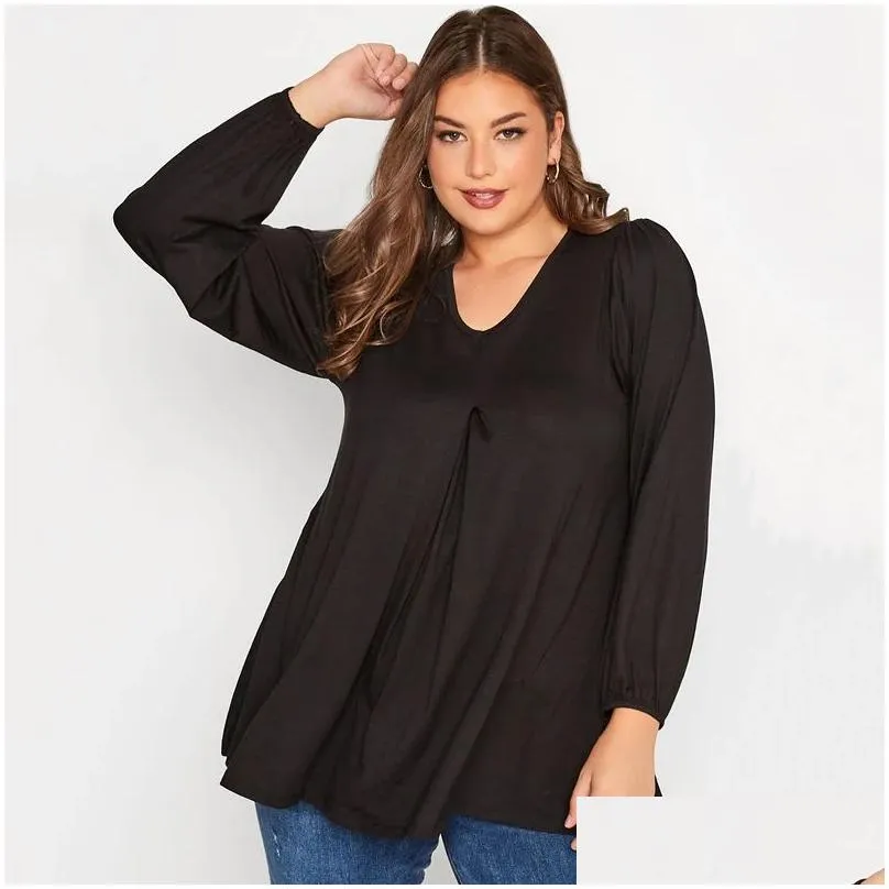 Tops Plus Size Long Sleeve Spring Autumn Elegant Swing Top Women Pleated Front Loose Black Tunic Large Size Casual Blouse 6XL 7XL 8XL