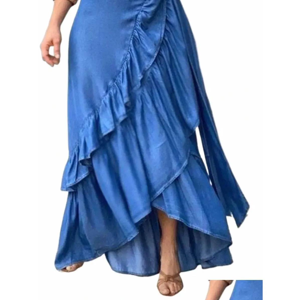 plus Size Women Denim Skirt A-Line Elegant Streetwear Party Club Y2K Vintage Plain Ruffle Hem Knot Waist Maxi Skirt 2023 New 64bK#