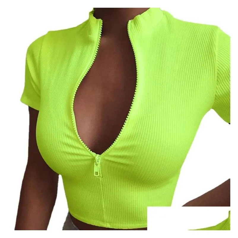 Women Casual Cotton T Shirts White Black Zipper V Ncek Crop Top Short Sleeve Summer Slim Sexy