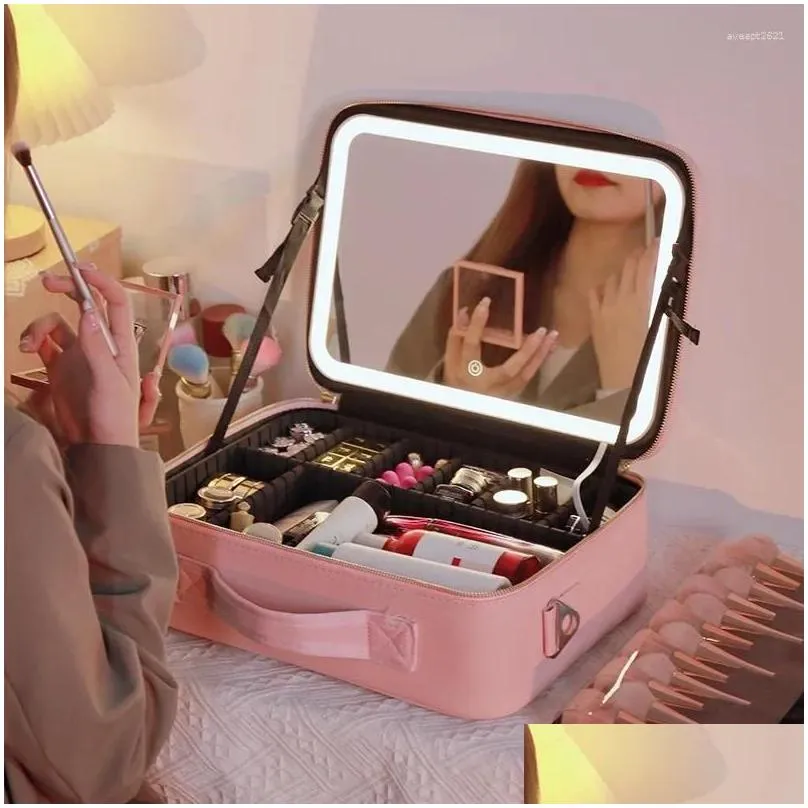 Storage Boxes Luxury Smart LED Makeup Box Portable Large Capacity Girls Travel With Mirror Brush Skin Care Jewelry Organizer
