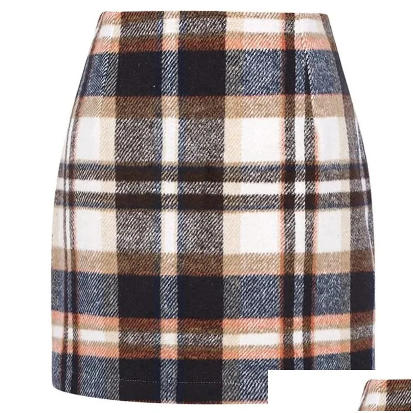 Skirts Autumn Winter Plaid Wool Mini Skirt for Women Woolen Checked Vintage Office Ladies High Waist Pencil Bodycon Short Skirt 231031