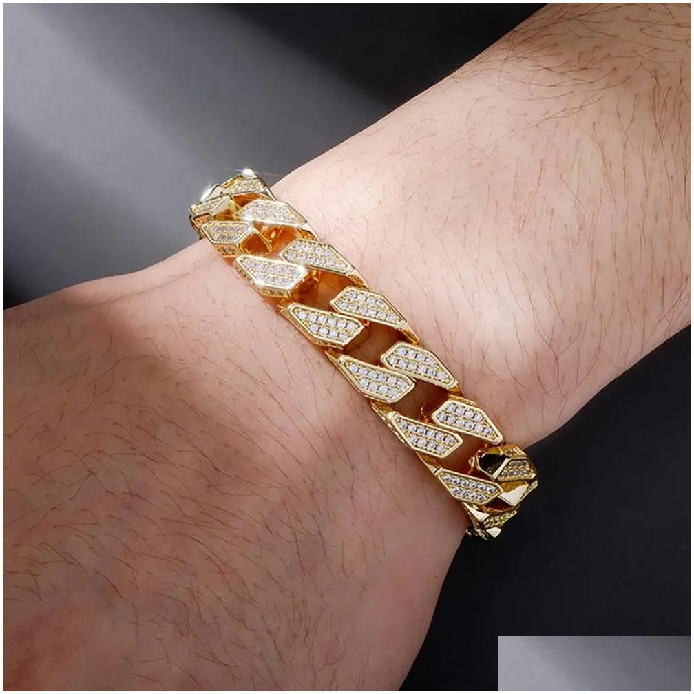 Cuff 12Mmpersonalized Mens Bracelet 12Mm Cuban Link Chain With New Spring Clasp Iced Out Cz Cubic Zirconia Hip Hop Bling Jewelry Gift Dhacg