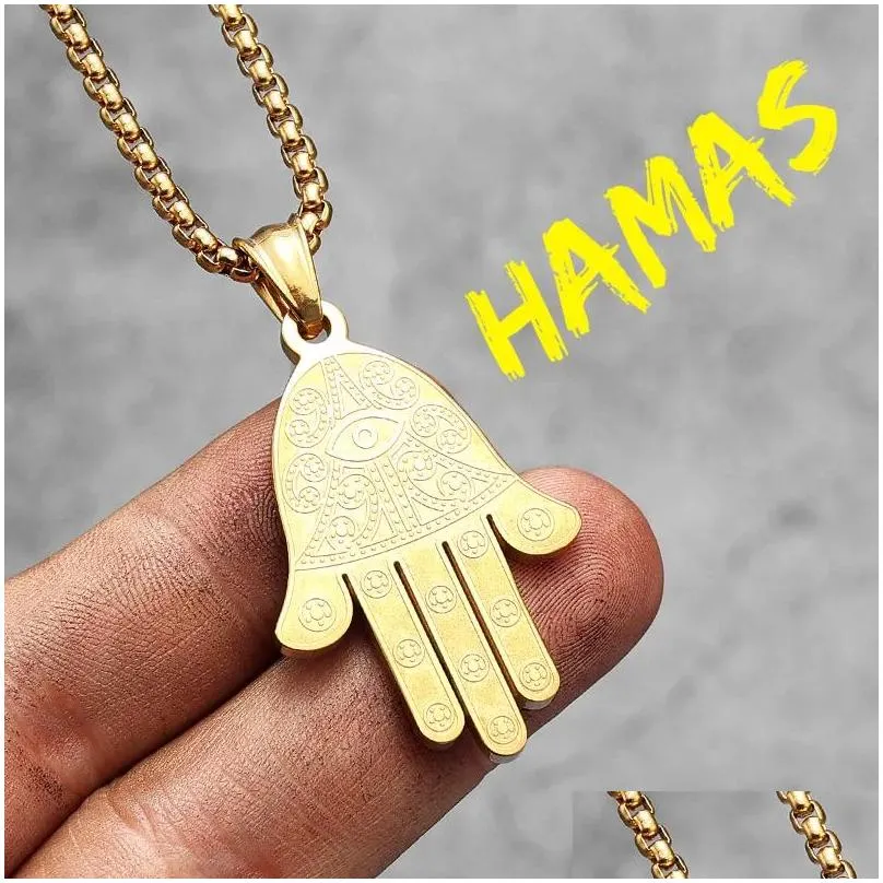 Chains Hand Of Fatima Hamas Lucky Amet Stainless Steel Men Women Necklace Pendant Chain Punk Trendy Jewelry Creativity Gift Drop Deli Dhjlf