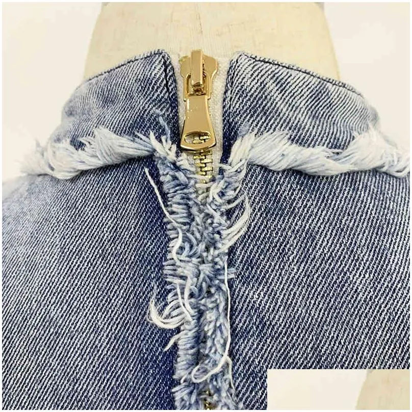 HIGH STREET est Designer Summer Dress Women`s Sleeveless Tassel Fringed  Buttons Denim 210521