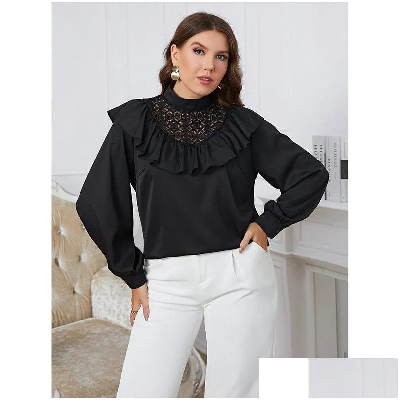 fi Plus Size Women Blouse Temperament Versatile Ruffled Round Neck Large Lady Tops Lg-sleeved Solid Color Elegant T-shirt k6jI#