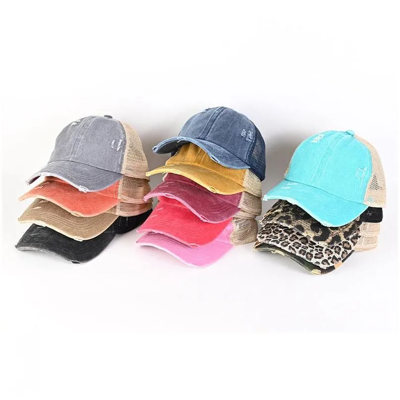 Criss Cross Ponytail Hat Mesh Back Woman Ponytail Baseball Cap 13 Colors Washed Distressed Messy Bun Ponycaps Trucker Hats
