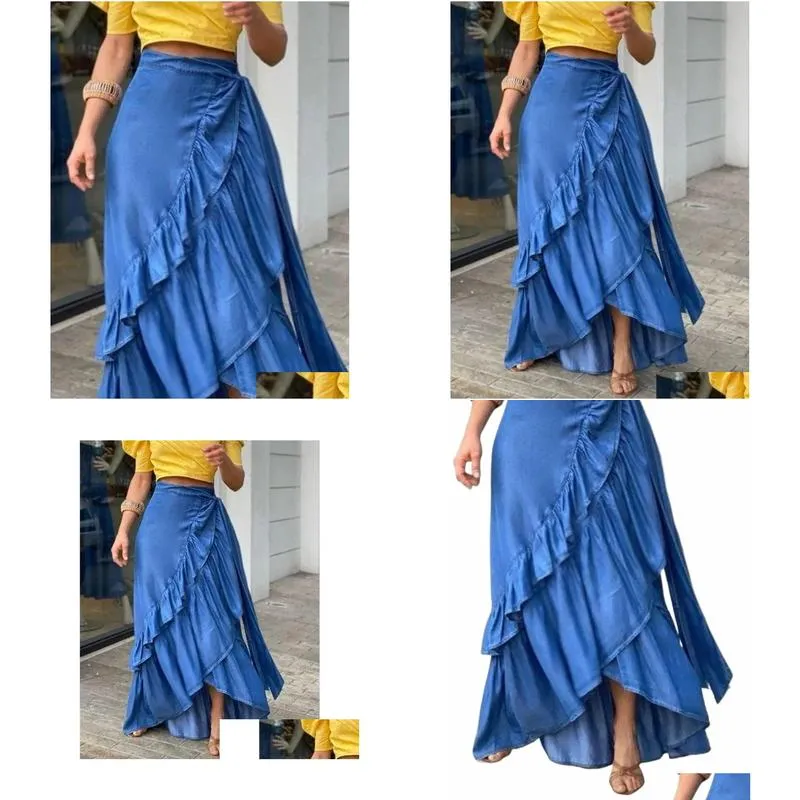 plus Size Women Denim Skirt A-Line Elegant Streetwear Party Club Y2K Vintage Plain Ruffle Hem Knot Waist Maxi Skirt 2023 New 64bK#