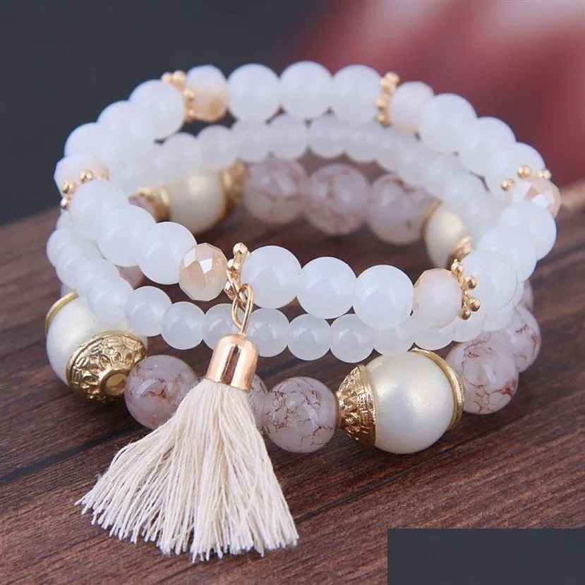 2019 Bohemian 3pcs Set Tassel Charm Pendant Beads Bracelets For Women Simulated Pearl Jewelry Womens Bracelet Set Boho273T