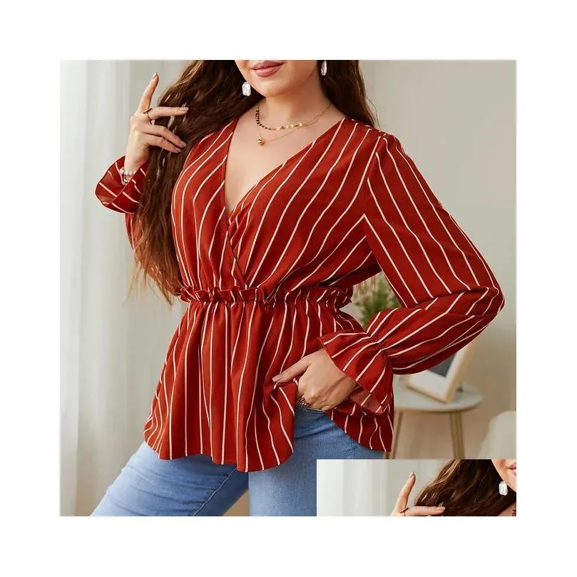 women`s Elegant Blouses Cott Loose Stripe Korean Collar Foreigned Style Commuter Shirt Lg Sleeve Plus Size Female Clothing c78x#