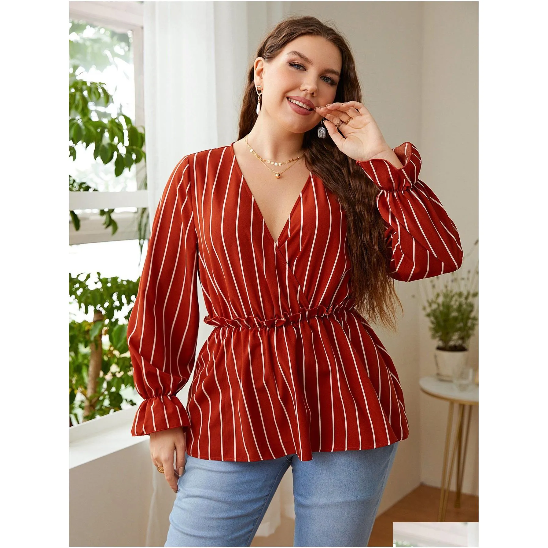 women`s Elegant Blouses Cott Loose Stripe Korean Collar Foreigned Style Commuter Shirt Lg Sleeve Plus Size Female Clothing c78x#