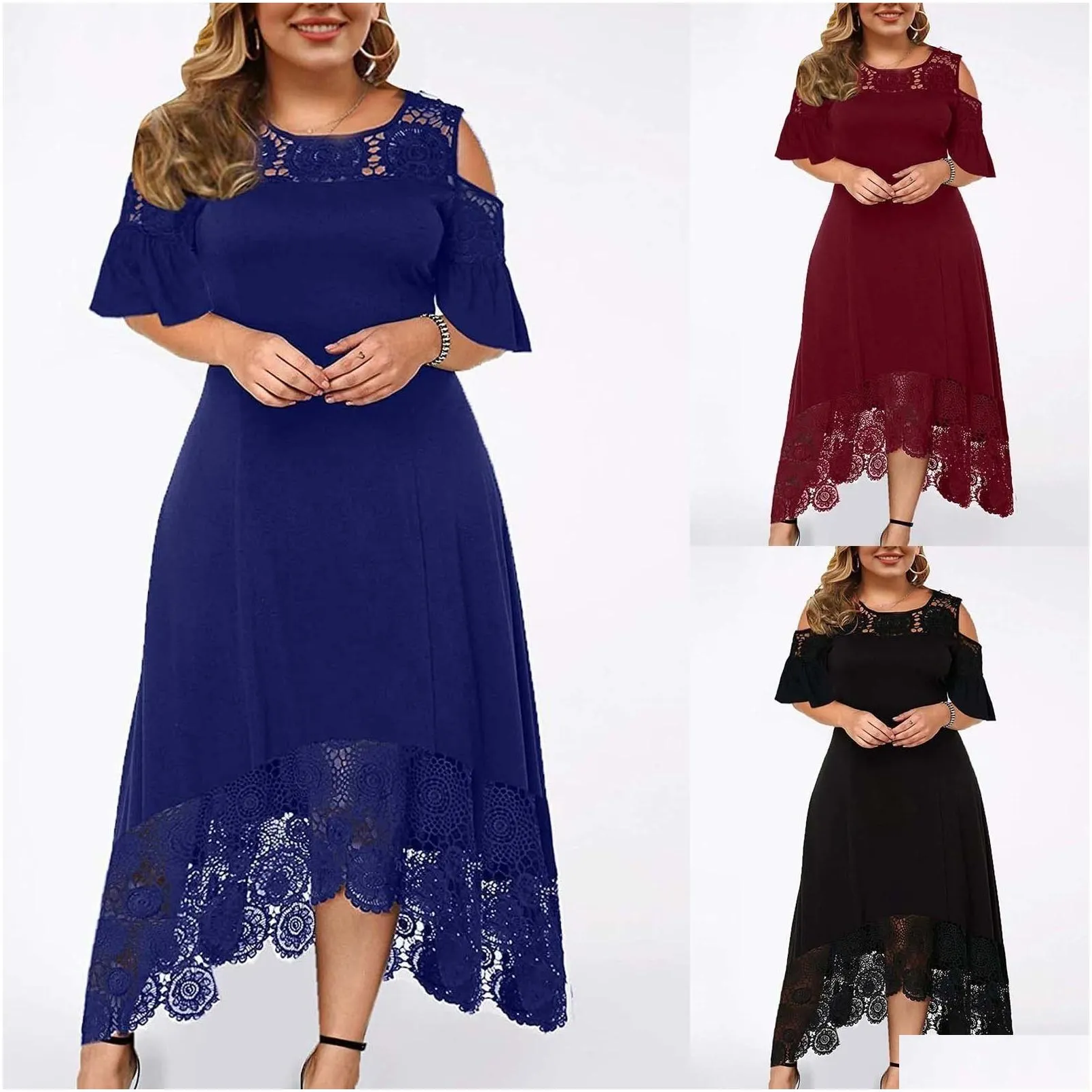 plus Size Dr L-5XL Lace Mesh Sexy Elegant Midi Party Dr Off Shoulder Ladies Dres Loose Hellow Women`s Clothing Vestido 85IO#