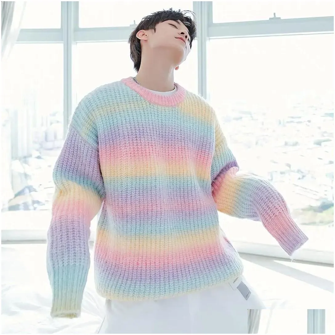 Men`s Sweaters Men`s Gradient Tie Dye Round Neck Loose Sweater Knit Sweater Autumn Rainbow Striped Casual Long Sleeve Sweater 231118