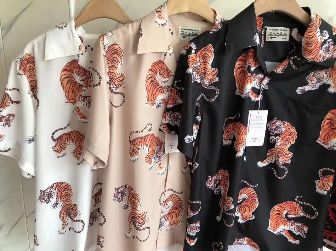 Men`s Casual Shirts Wacko Maria Hawaii Beach Lapel Pocket Men Women High Quality Streetwear Tiger Full Printing Shirt Top
