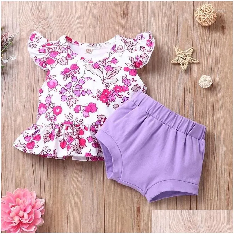 Clothing Sets Summer 2pcs Baby Girl Clothes Set Flower Print Ruffles Flying Sleeve Tops Pink Briefs Breathable Outfit 0-18M
