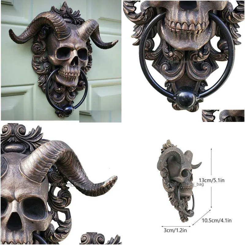 Decorative Objects & Figurines Resin Punk Satan Skl Sheep Head Ring Statues Wall Hanging Decoration Home Door Knocker Interior Object Dhjdd