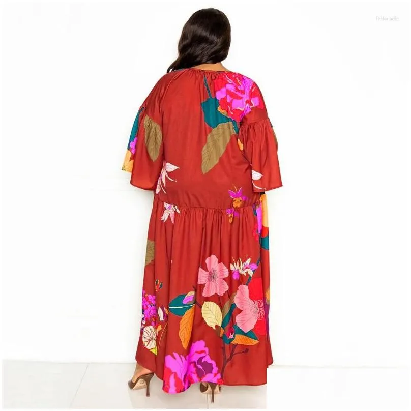 Plus Size Dresses WUHE Floral Printed Women Dress Three Quarter Sleeve Tie Up O-neck Patchwork Asymmetrical Loose Maxi Long