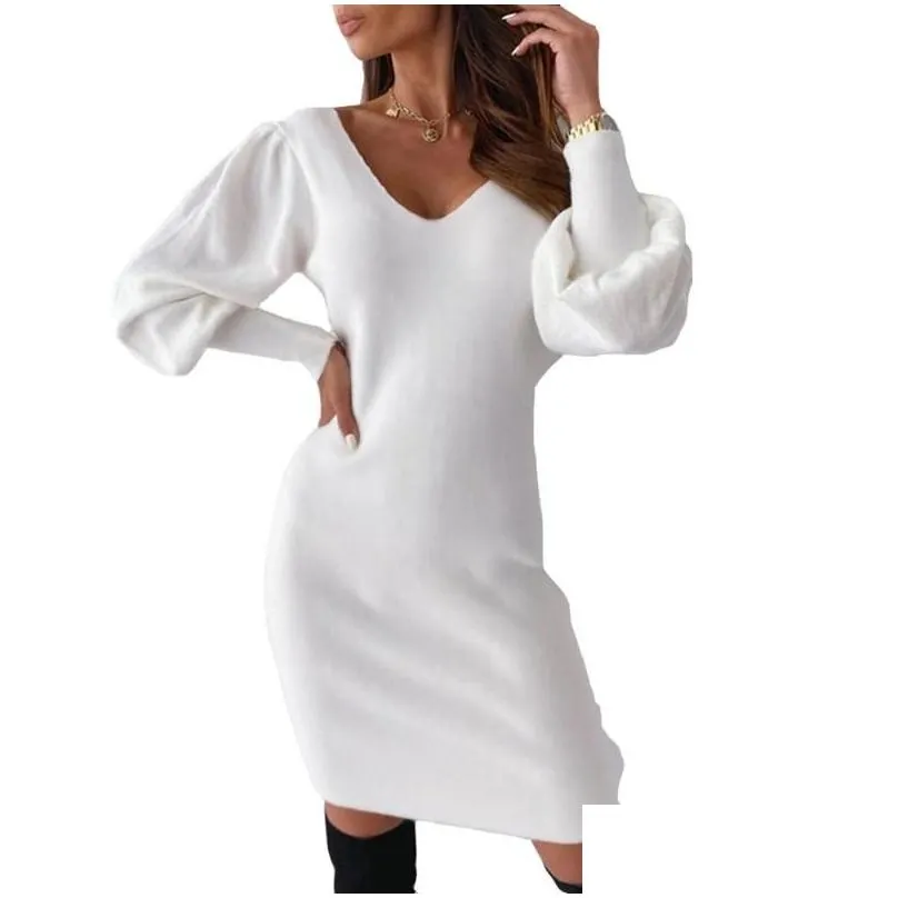 Basic & Casual Dresses S-3Xl Plus Size Women Autumn Winter Dress Female Long Sleevey Hollowed-Out Lace V-Neck Waist - Tight Lady Styl Dhtca
