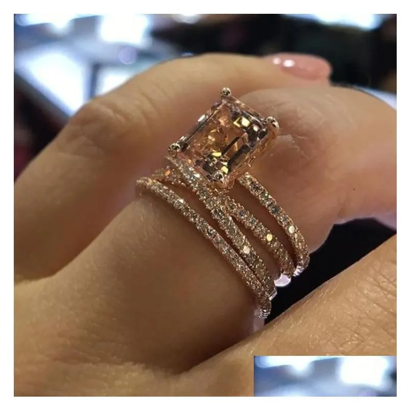 Fashion Multilayer Morganite Rings Rose Gold Color Wedding Jewelry Champagne crystal stone Ring Bague for Women Mother days Gifts