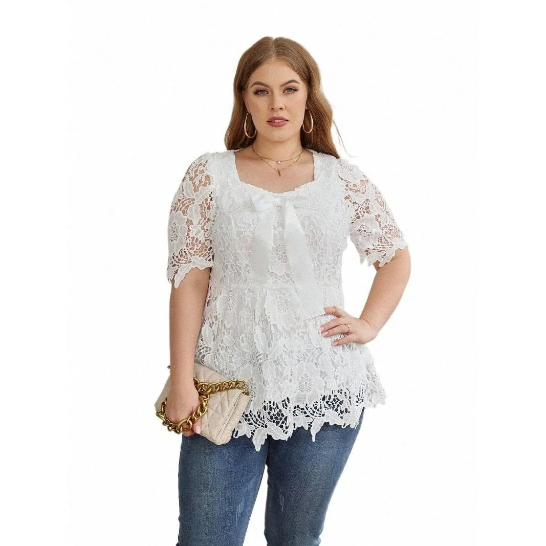 white Lace Blouse Shirt 2023 Summer Women Short Sleeve Lace Hollow Out Casual Ladies Tops Plus Size Women Clothing U51H#