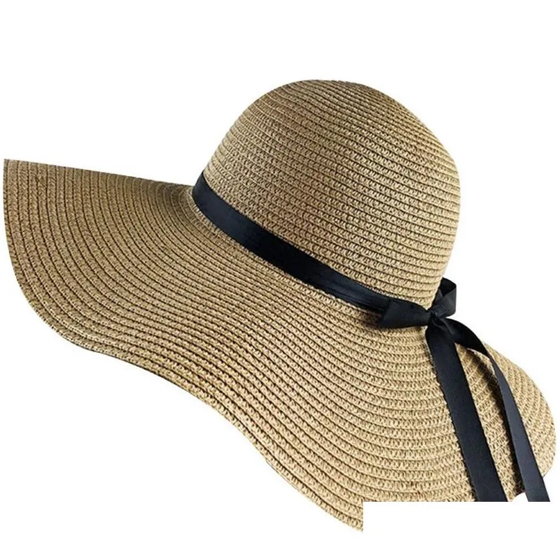 Wide Brim Hats Bucket Topi Jerami Gadis Floppy Lebar Dapat Dilipat Sederhana Pantai Wanita Musim Panas Uv Melindungi Perjalanan Perem Dhl8D